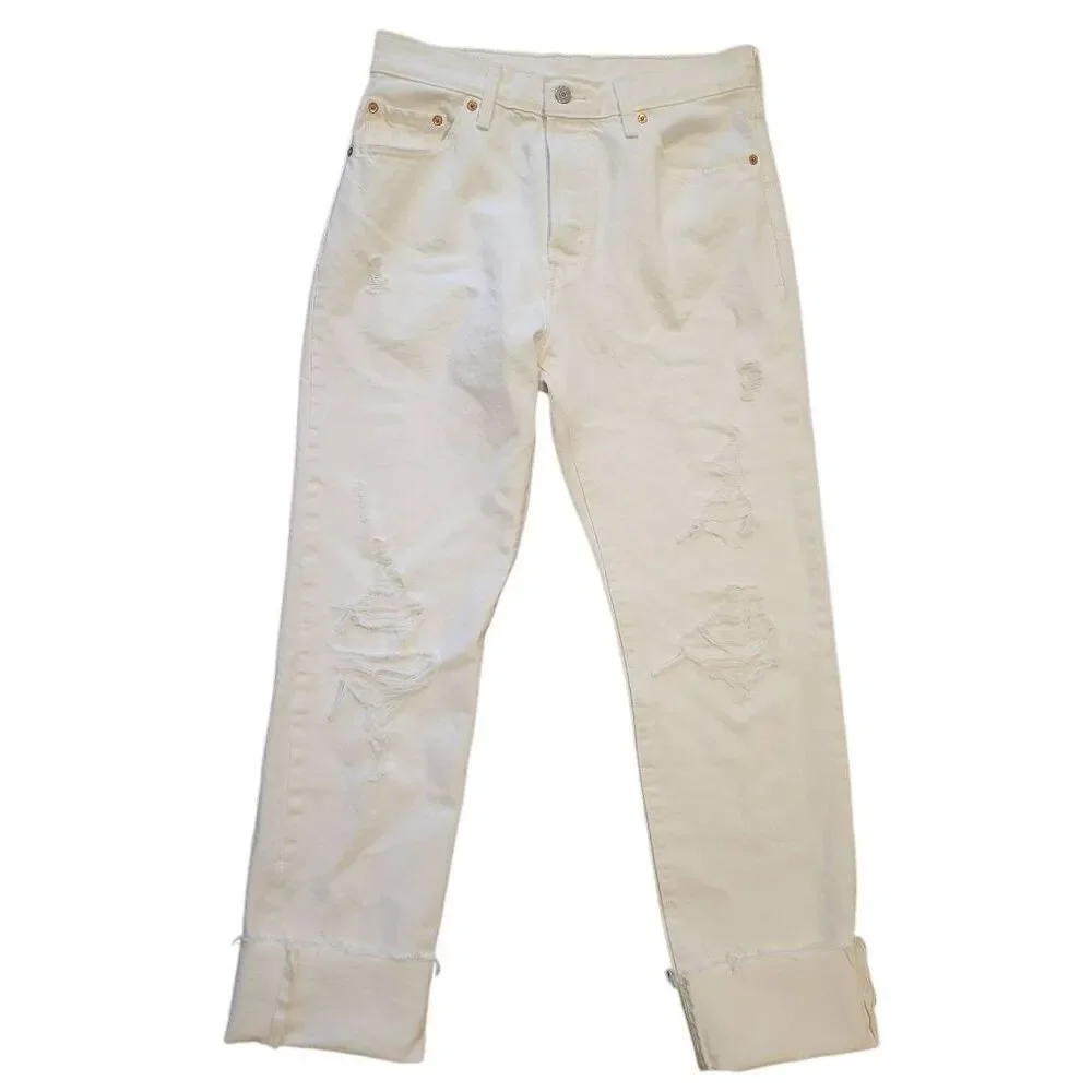 Levi's Jeans Women's 29 White Original 501 Button Fly High Rise Destructed